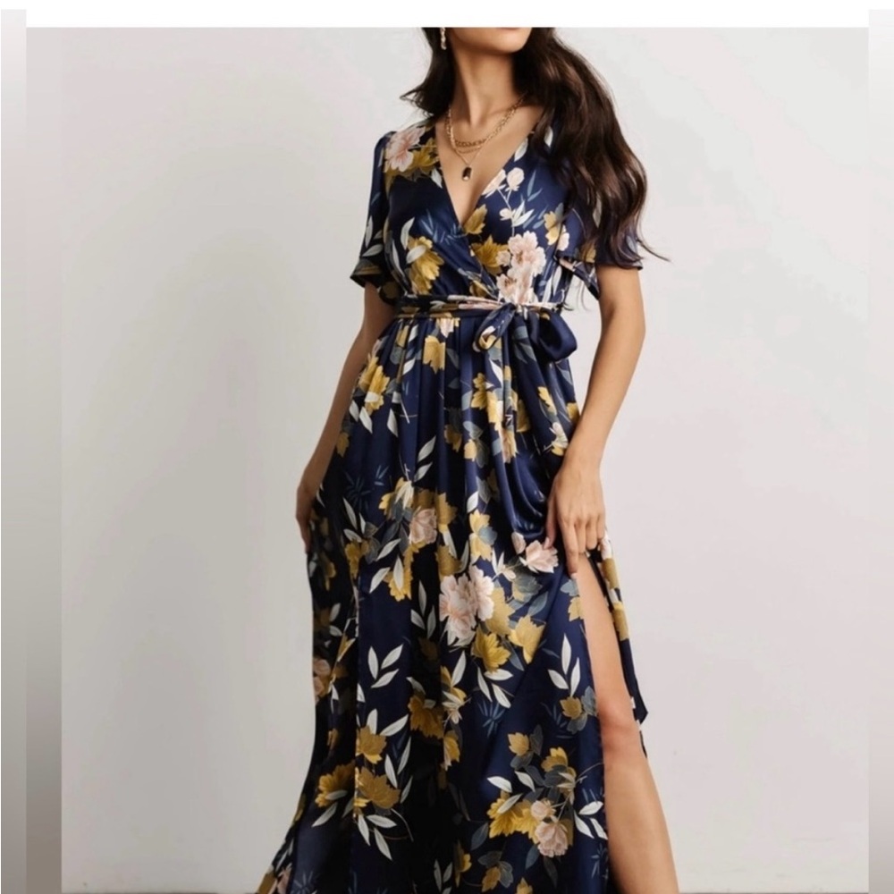 Baltic Born Sicily Satin Black Floral Maxi Dress Size Medium